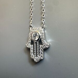 925 Silver Hamsa Hand of Fatima Necklace Cubic Zirconia Pendant Clavicle Chain